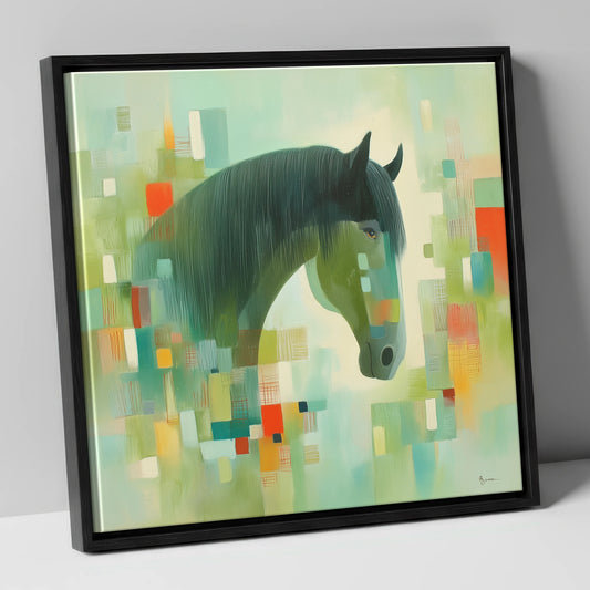 Modern Geometric Teal Horse horse breed canvas wall art in black frame