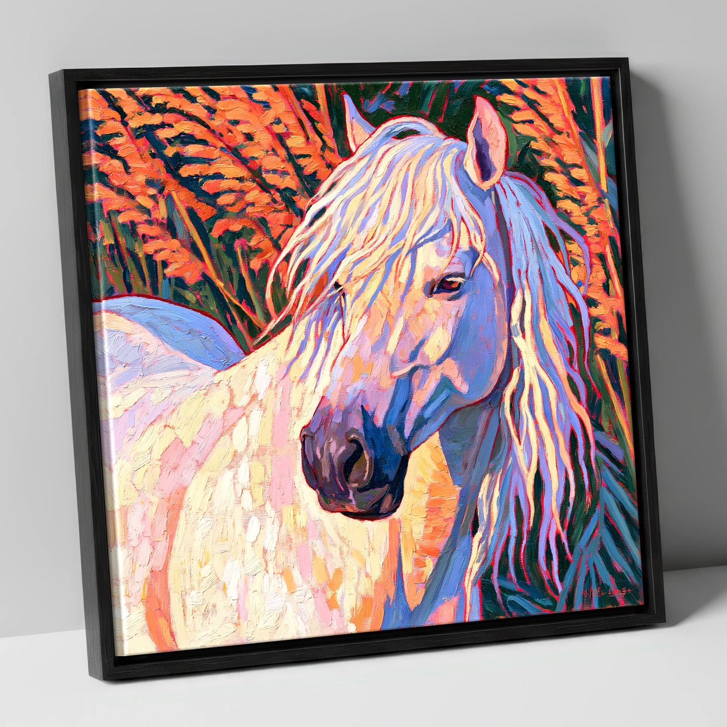Vibrant Grey Horse Portrait horse breed canvas wall art in black frame