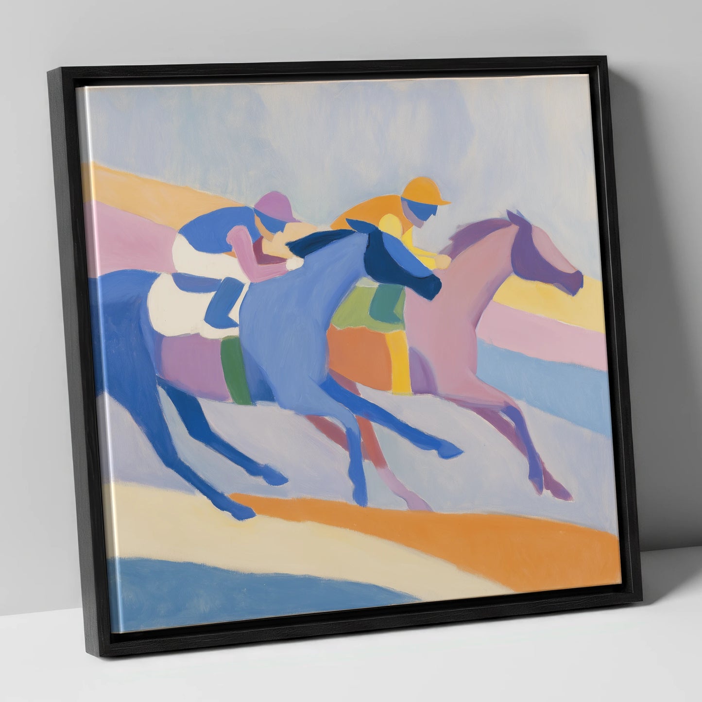 Modern Pastel Gallop racing horse canvas wall art in black frame