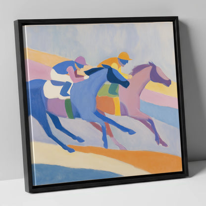 Modern Pastel Gallop racing horse canvas wall art in black frame