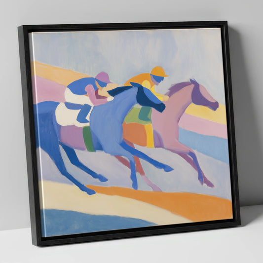 Modern Pastel Gallop racing horse canvas wall art in black frame