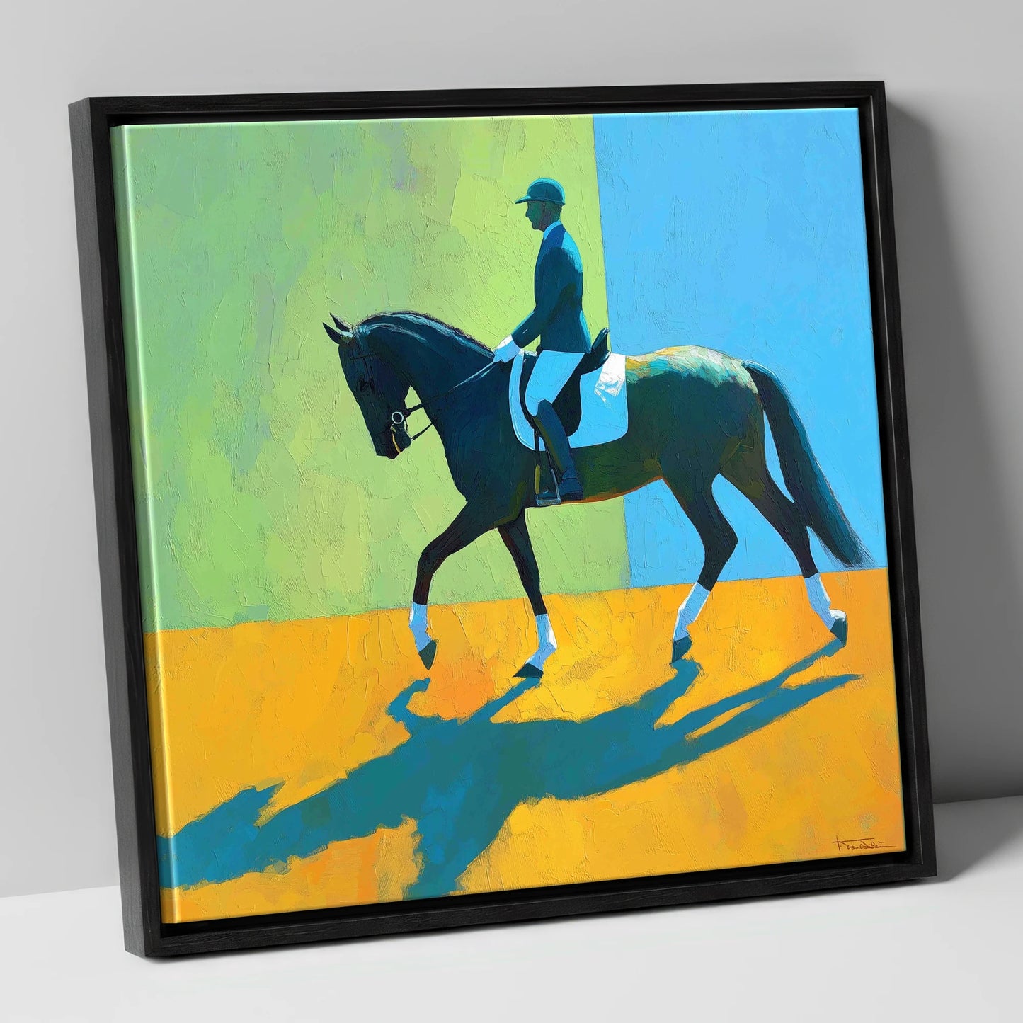 Precision in Sunlight dressage horse canvas wall art in black frame
