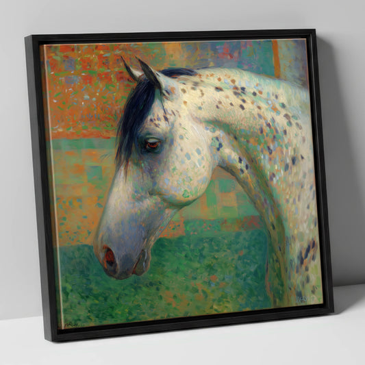 Vibrant Spotted Portrait horse breed canvas wall art in black frame
