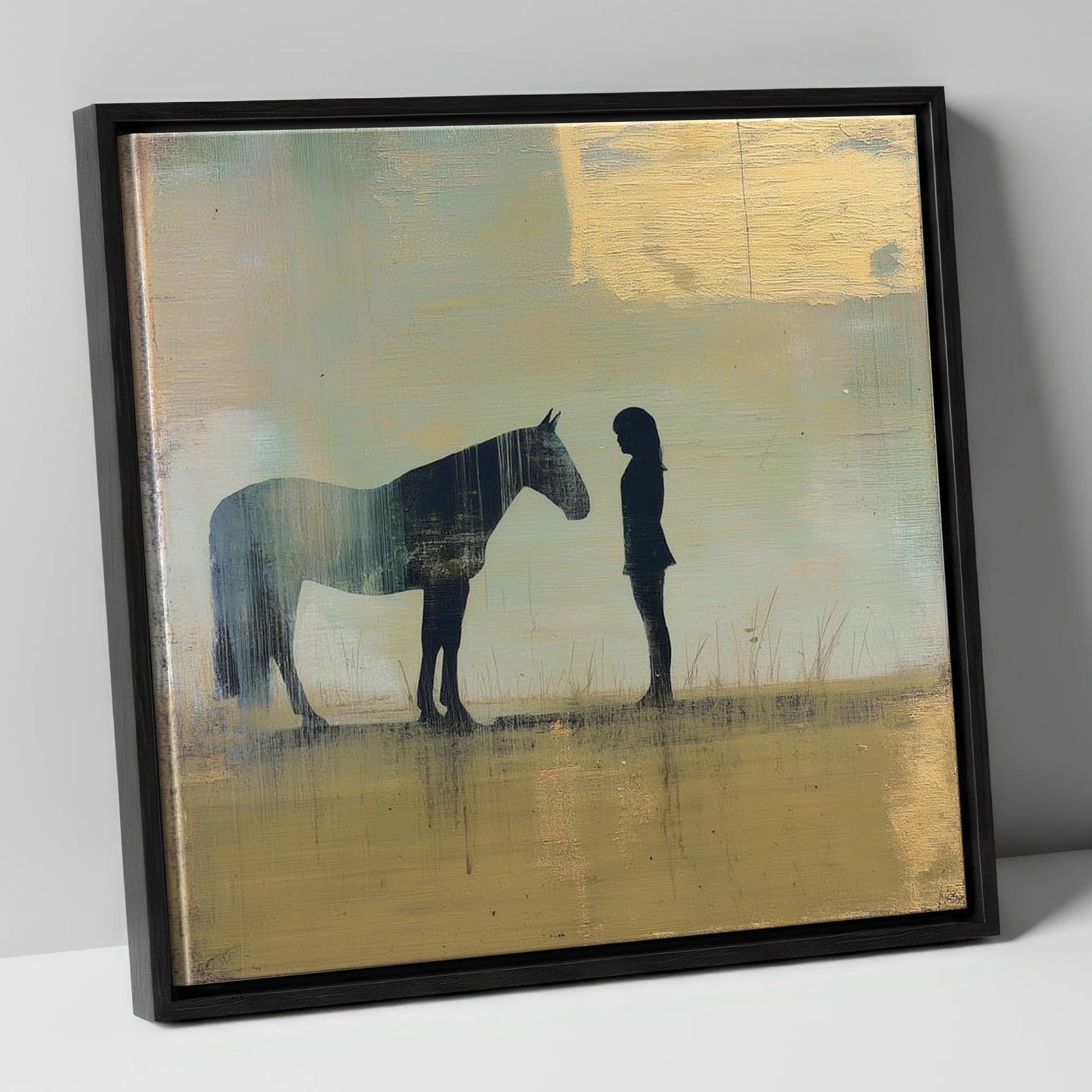 Silent Communion horse & rider canvas wall art in black frame