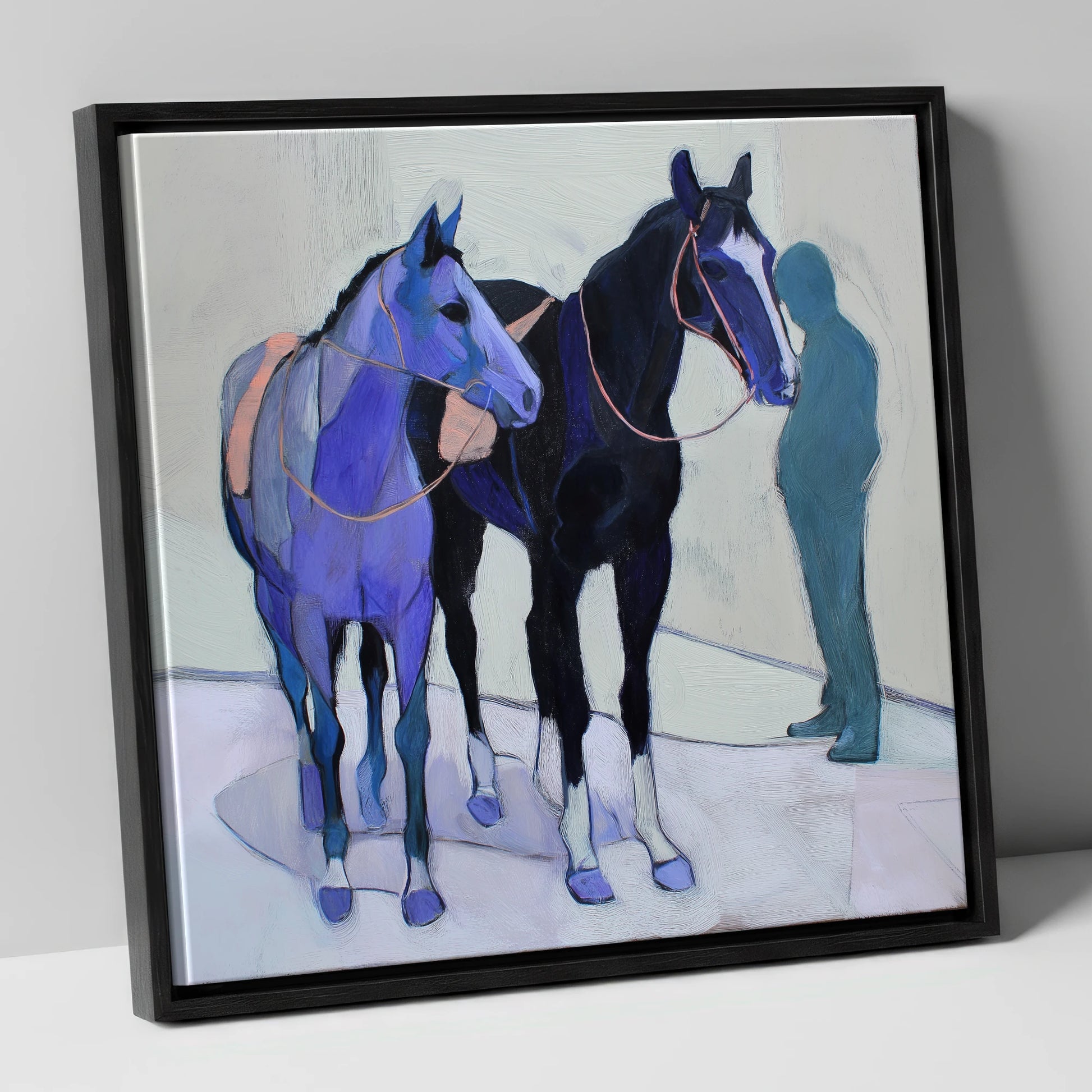 Shadows of the Yard racing horse canvas wall art in black frame
