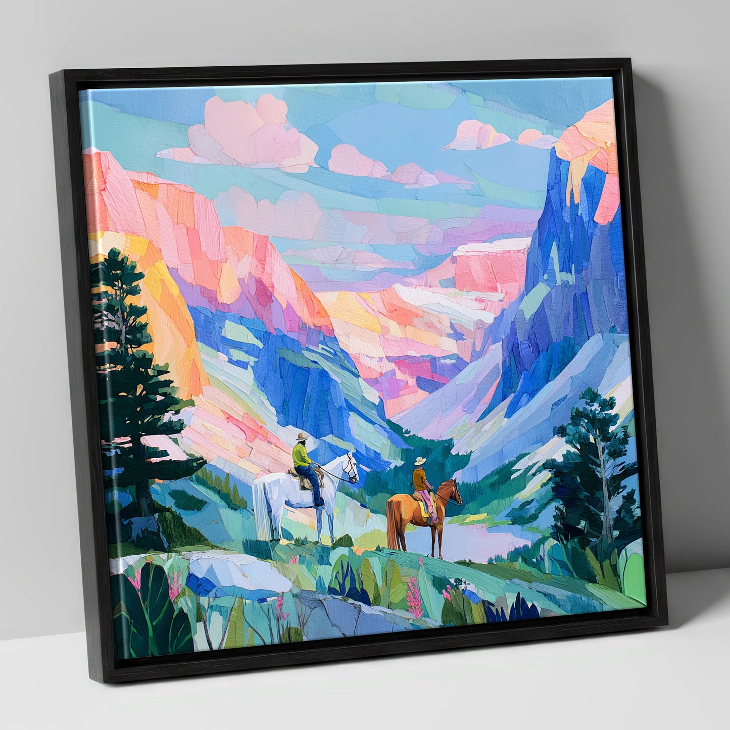Painted Canyon Trail horse landscape canvas wall art in black frame