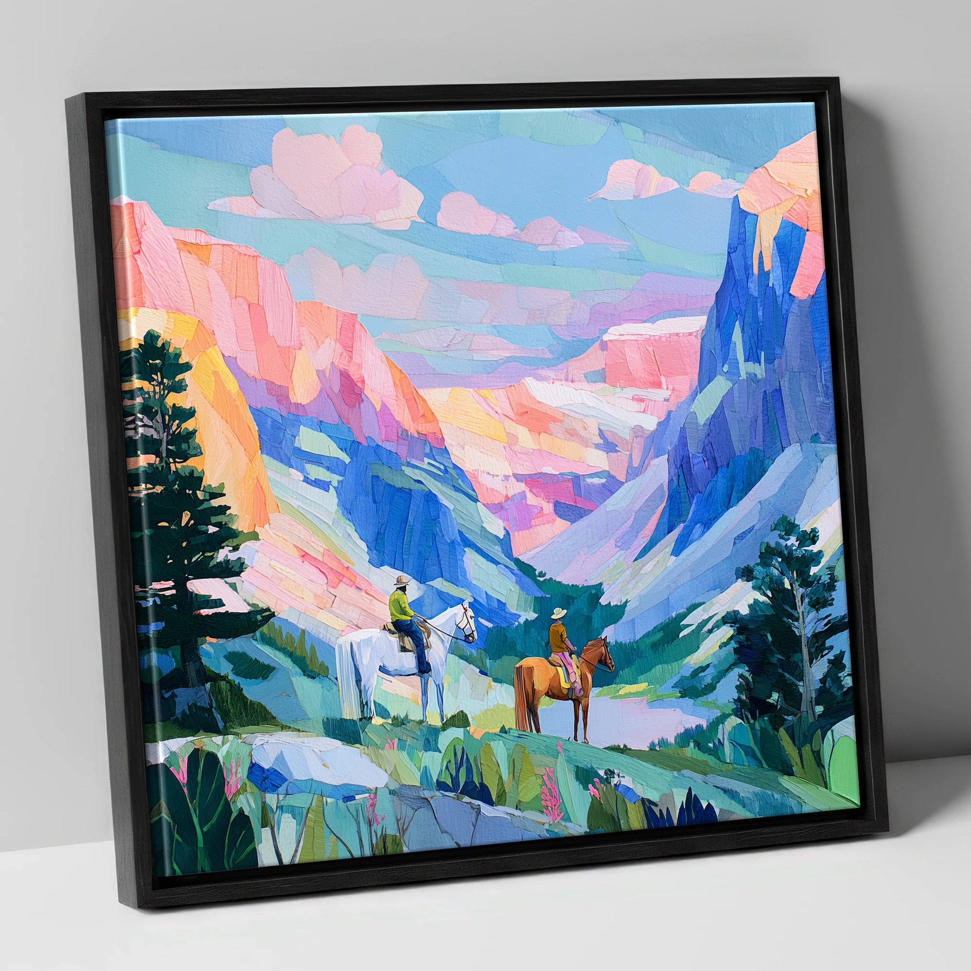Painted Canyon Trail horse landscape canvas wall art in black frame