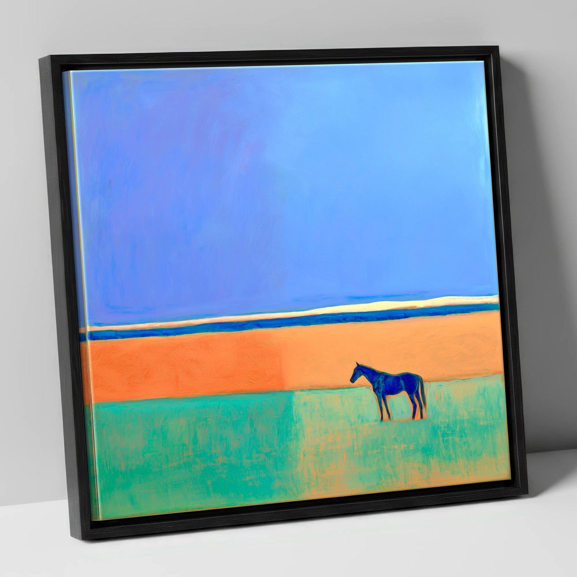 The Silent Expanse horse landscape canvas wall art in black frame