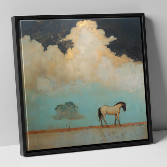 Beneath the Gilded Cloud horse landscape canvas wall art in black frame