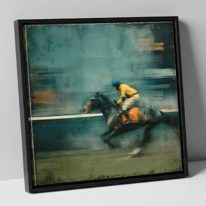 The Blue Furlong racing horse canvas wall art in black frame