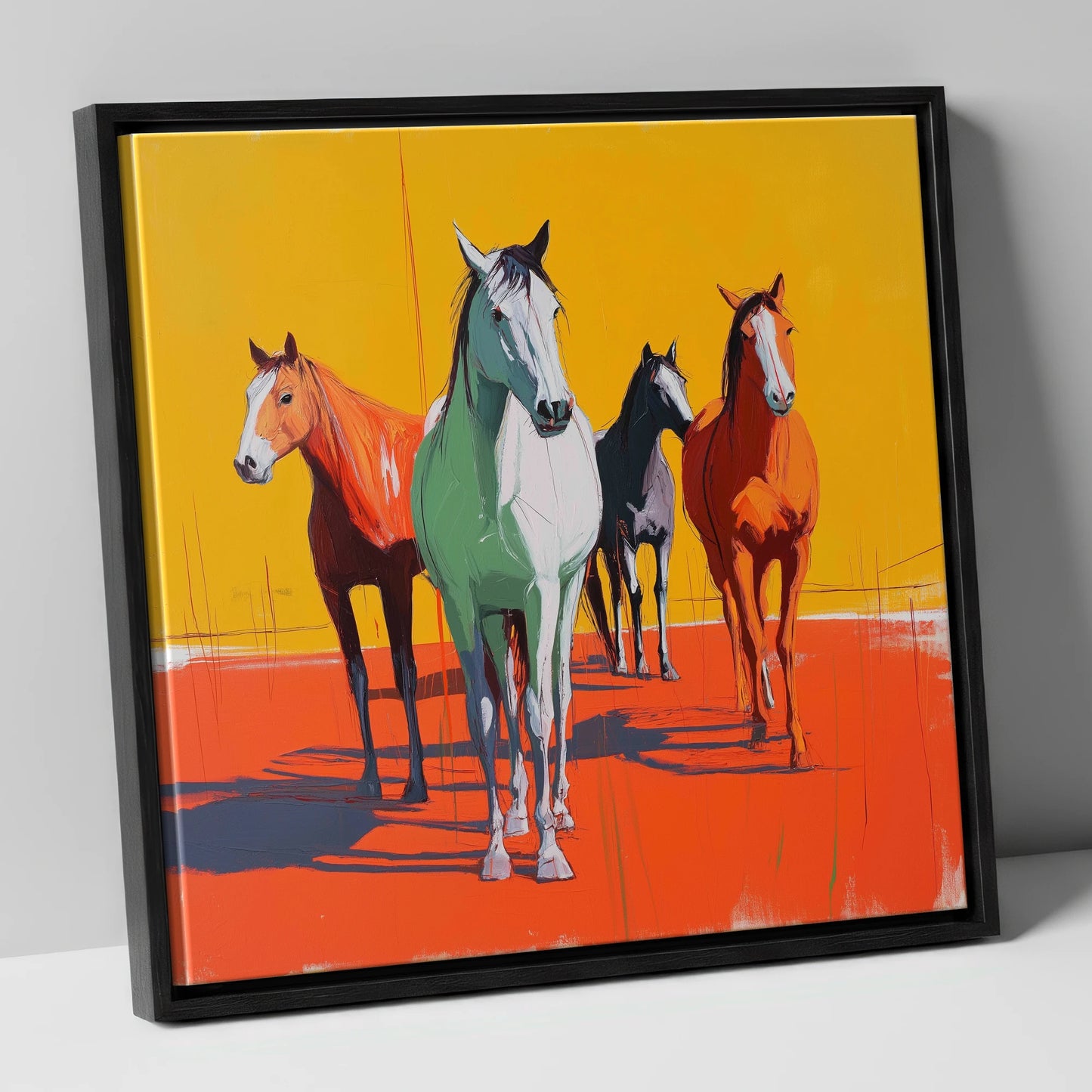 Vibrant Sunlit Herd wild horses canvas wall art in black frame