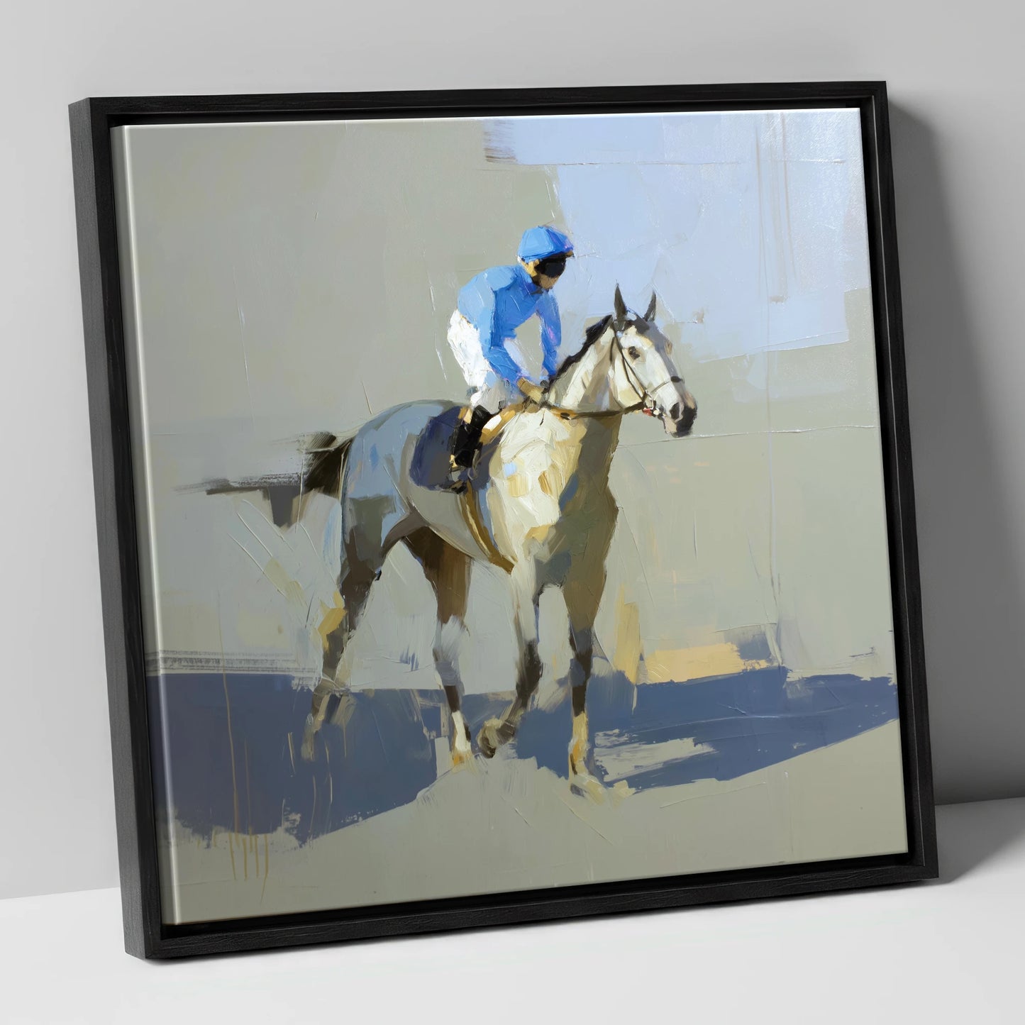 Blue Silks and Shadows racing horse canvas wall art in black frame