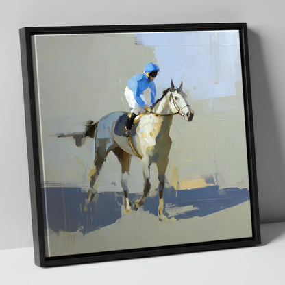 Blue Silks and Shadows racing horse canvas wall art in black frame