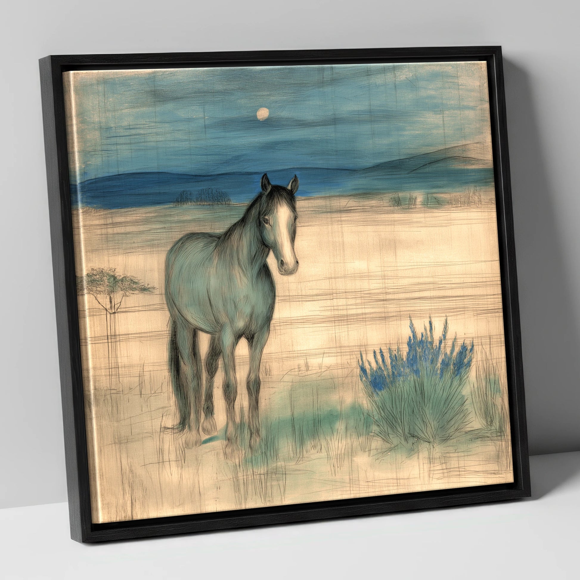 Twilight Moonlit Watch horse landscape canvas wall art in black frame