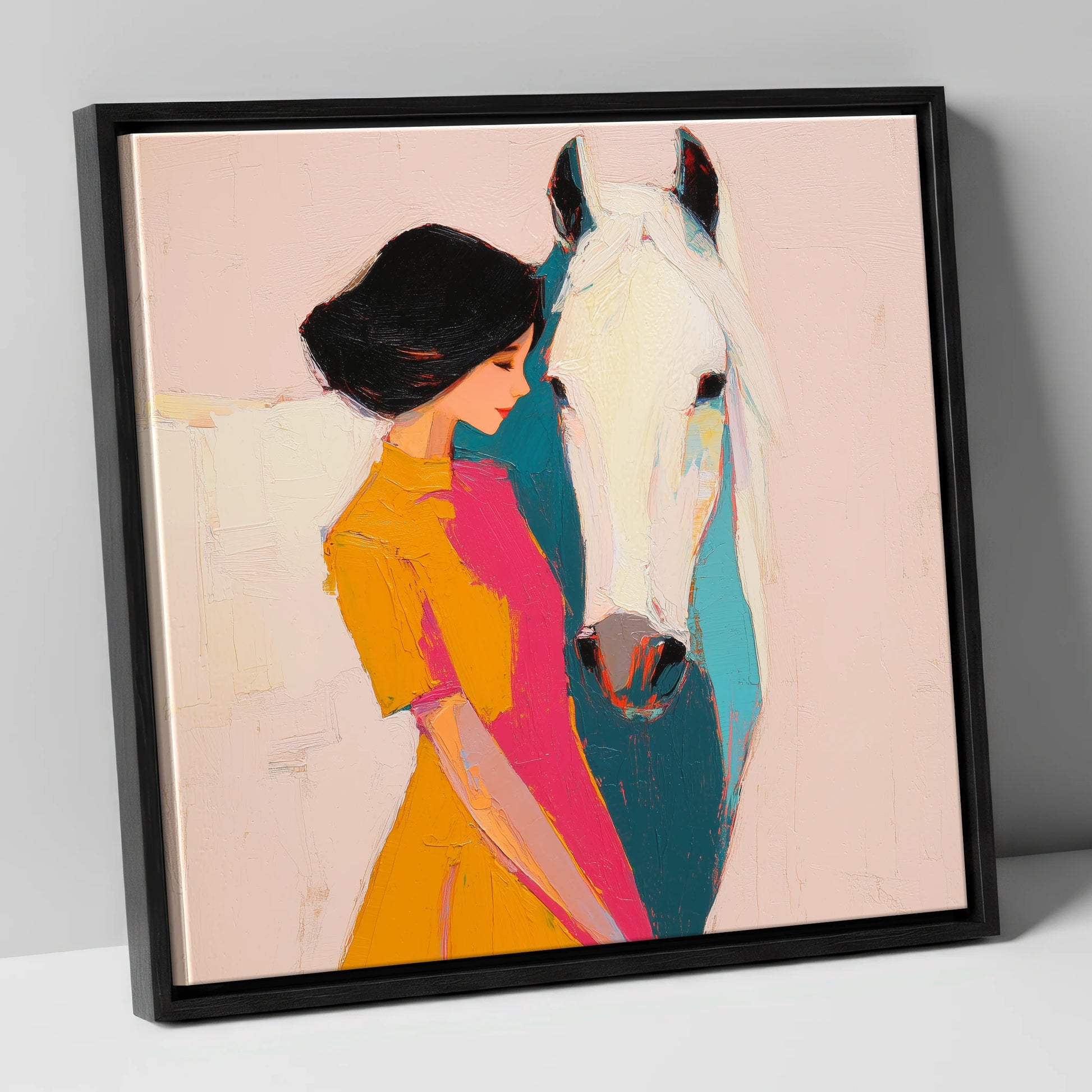 Vibrant Harmony horse & rider canvas wall art in black frame