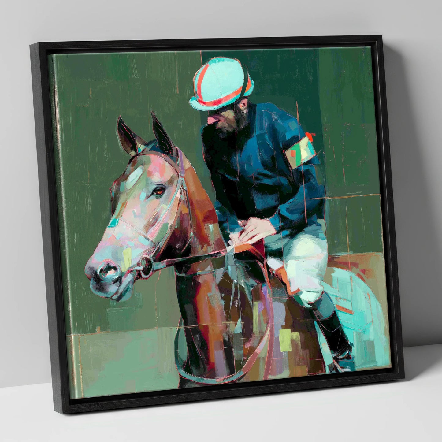 Quiet Intensity racing horse canvas wall art in black frame