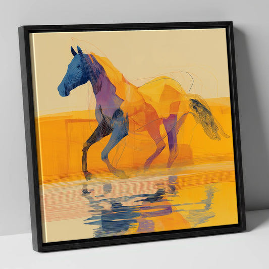 Golden Coastal Stride beach horse canvas wall art in black frame