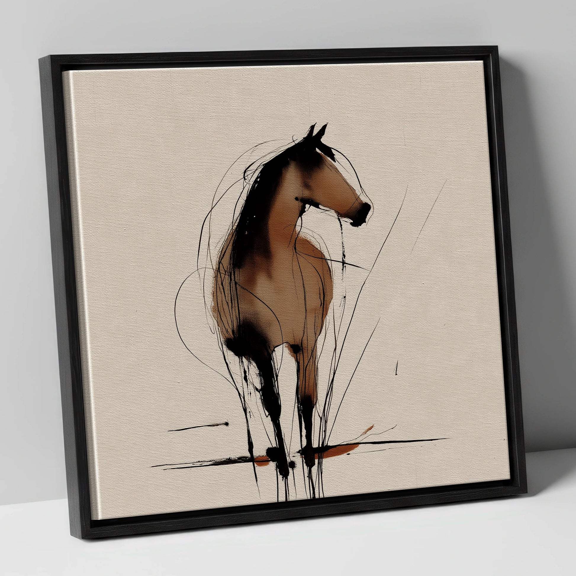 Gestural Sepia Equine horse portrait canvas wall art in black frame
