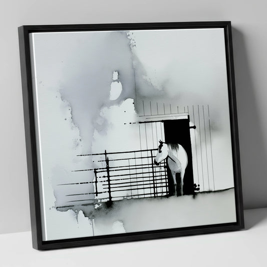 Dawn at the Stable horse stable canvas wall art in black frame