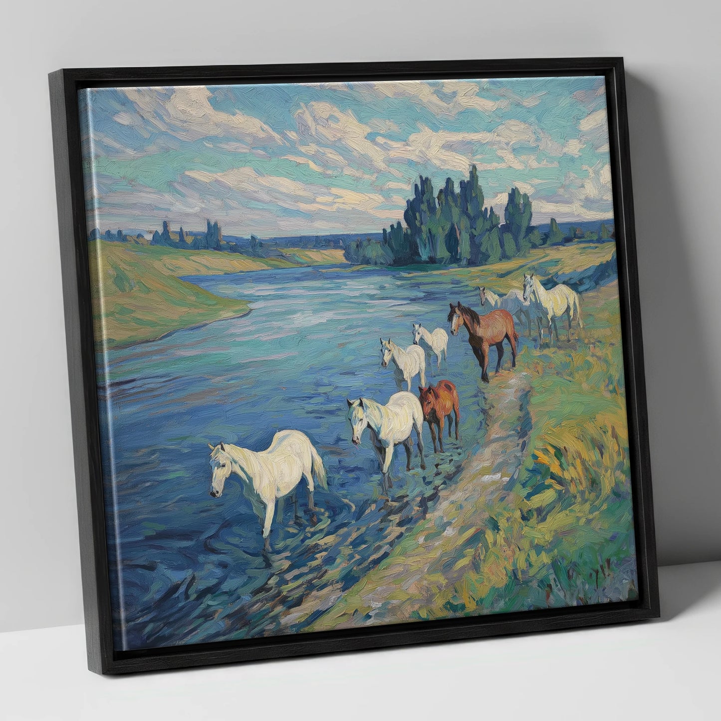 Riverside Herd wild horses canvas wall art in black frame