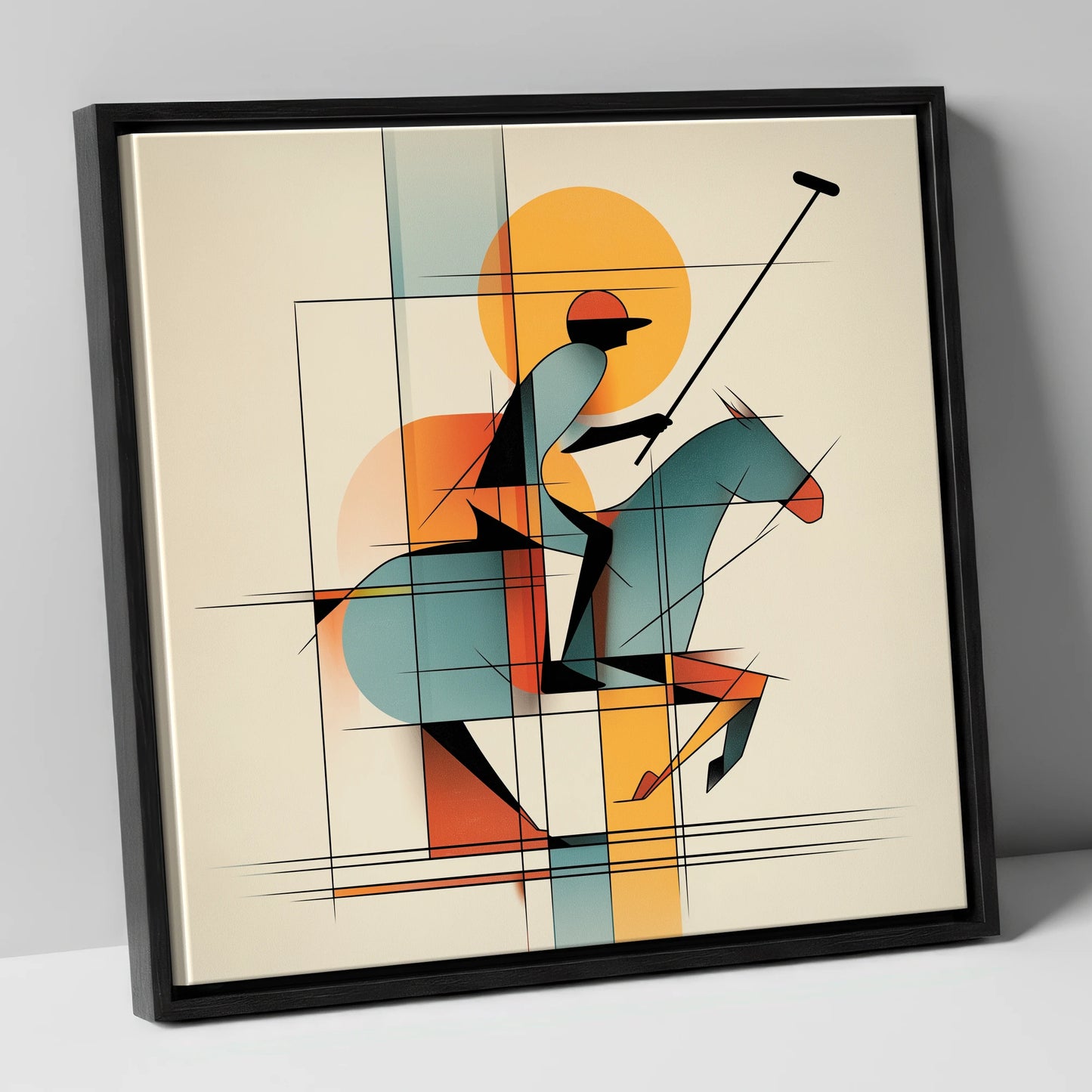 Structured Chukka polo horse canvas wall art in black frame