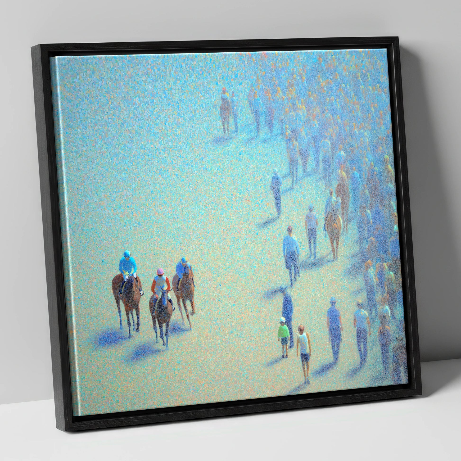Turquoise Racing Haze racing horse canvas wall art in black frame