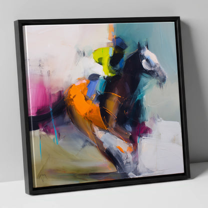 Technicolour Gallop racing horse canvas wall art in black frame