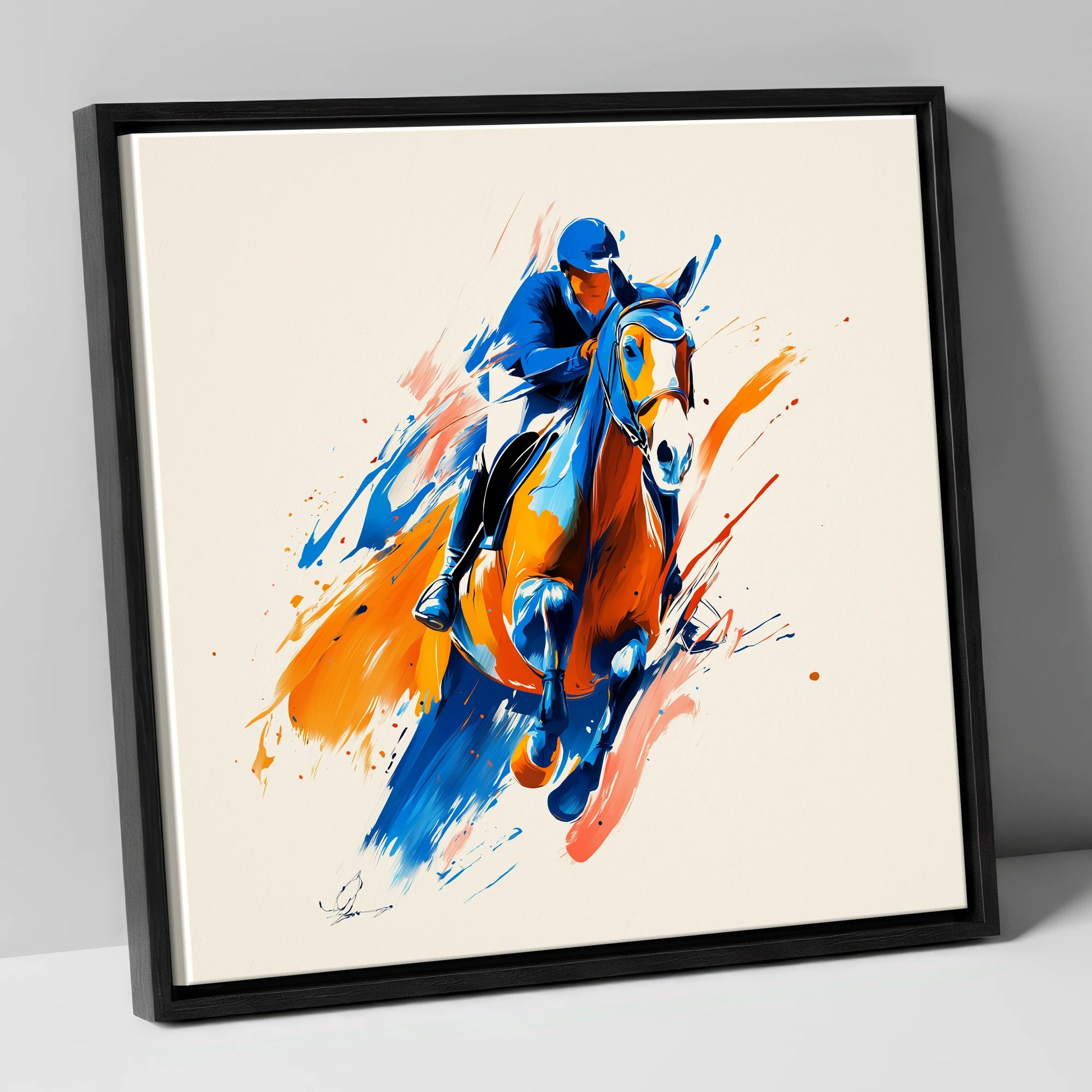Airborne Energy show jumping horse canvas wall art in black frame