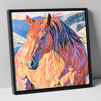 Horse in Vibrant Mountain Snow horse breed canvas wall art in black frame