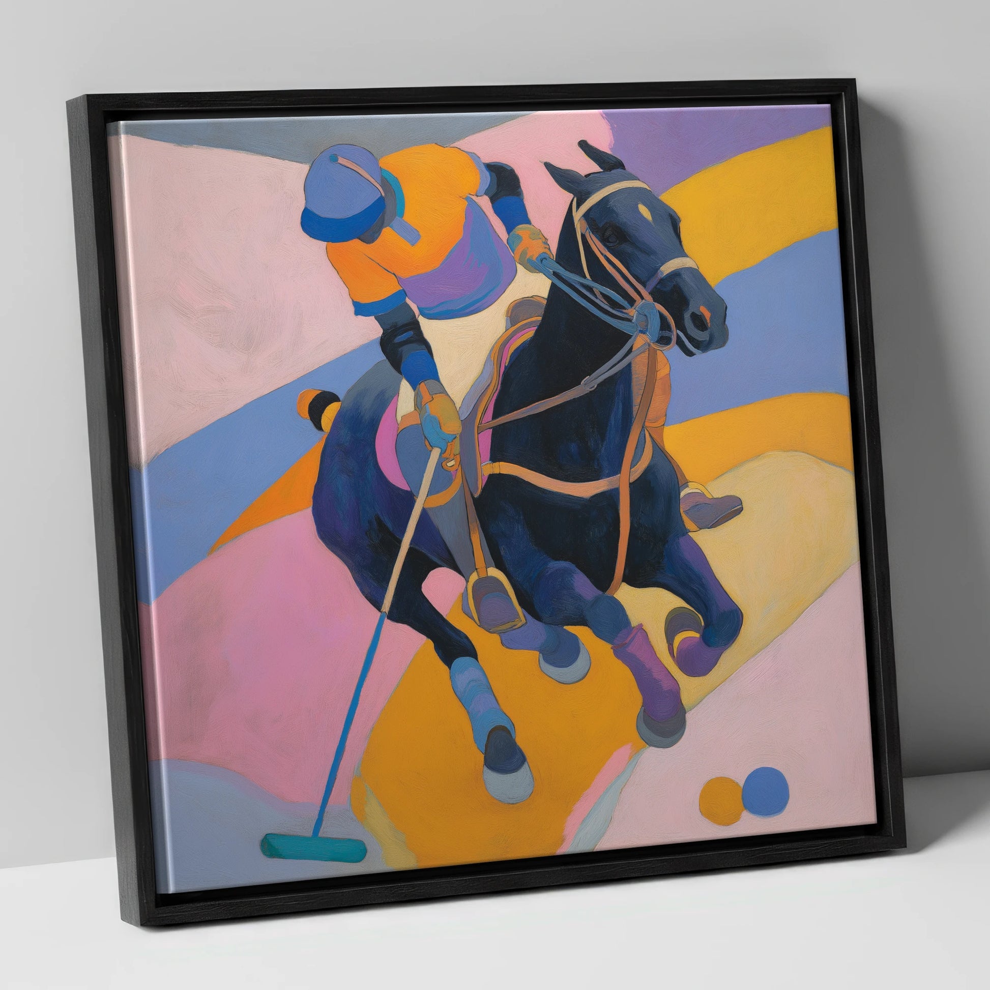 Vivid Polo Strike polo horse canvas wall art in black frame