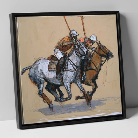 The Midfield Duel polo horse canvas wall art in black frame