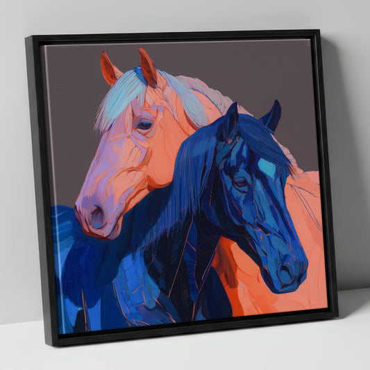 Indigo And Peach Companions horse landscape canvas wall art in black frame