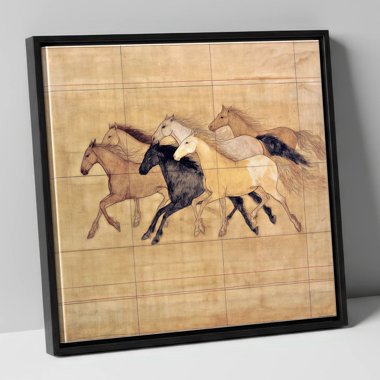 Classical Herd Study wild horses canvas wall art in black frame