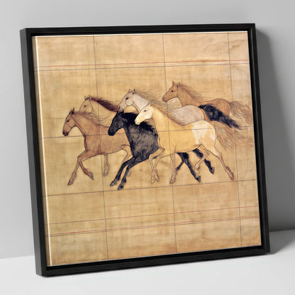 Classical Herd Study wild horses canvas wall art in black frame