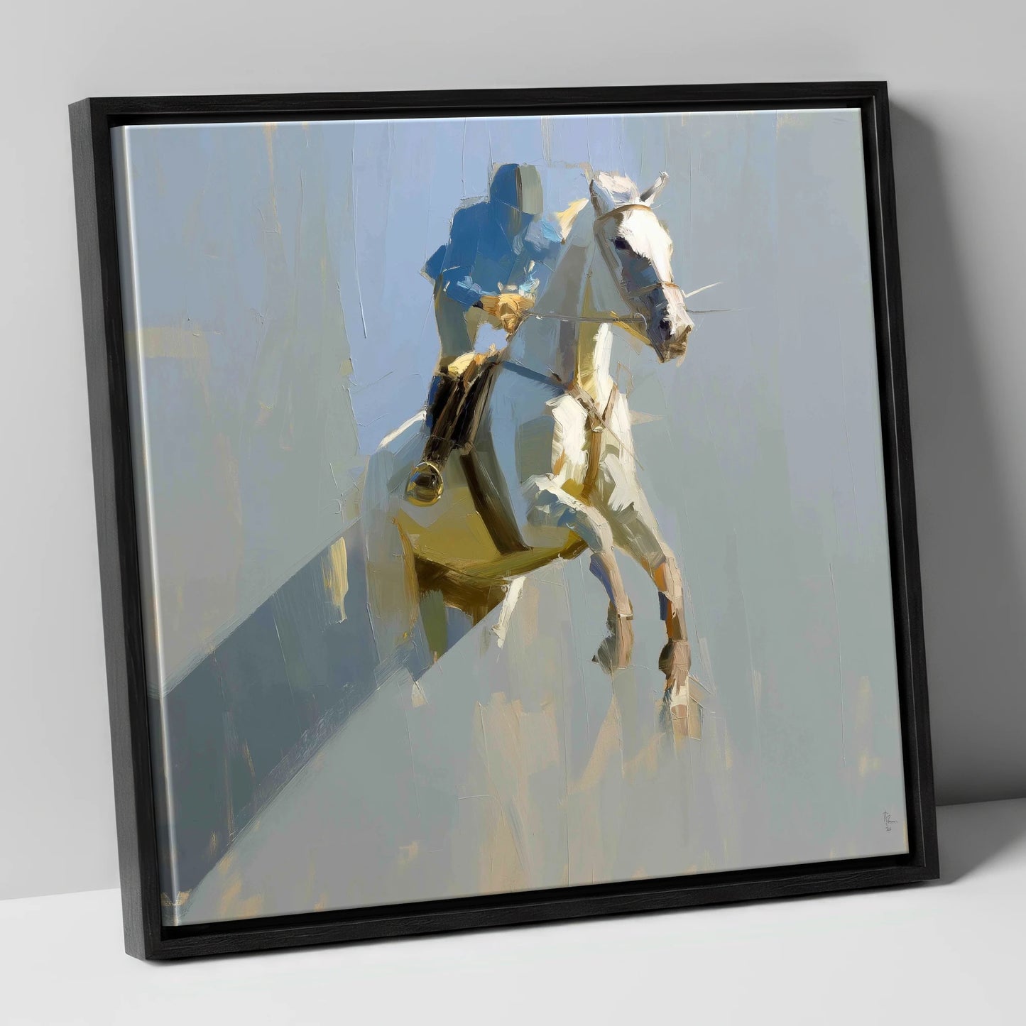 Suspended in Blue show jumping horse canvas wall art in black frame
