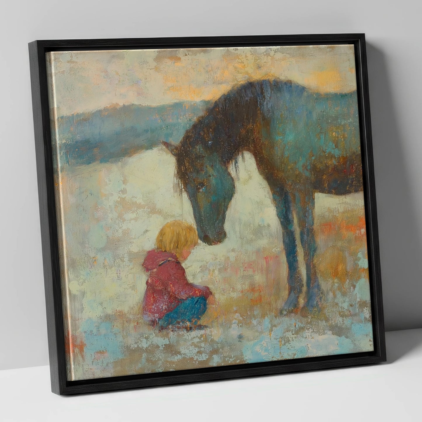 A Quiet Understanding horse & rider canvas wall art in black frame