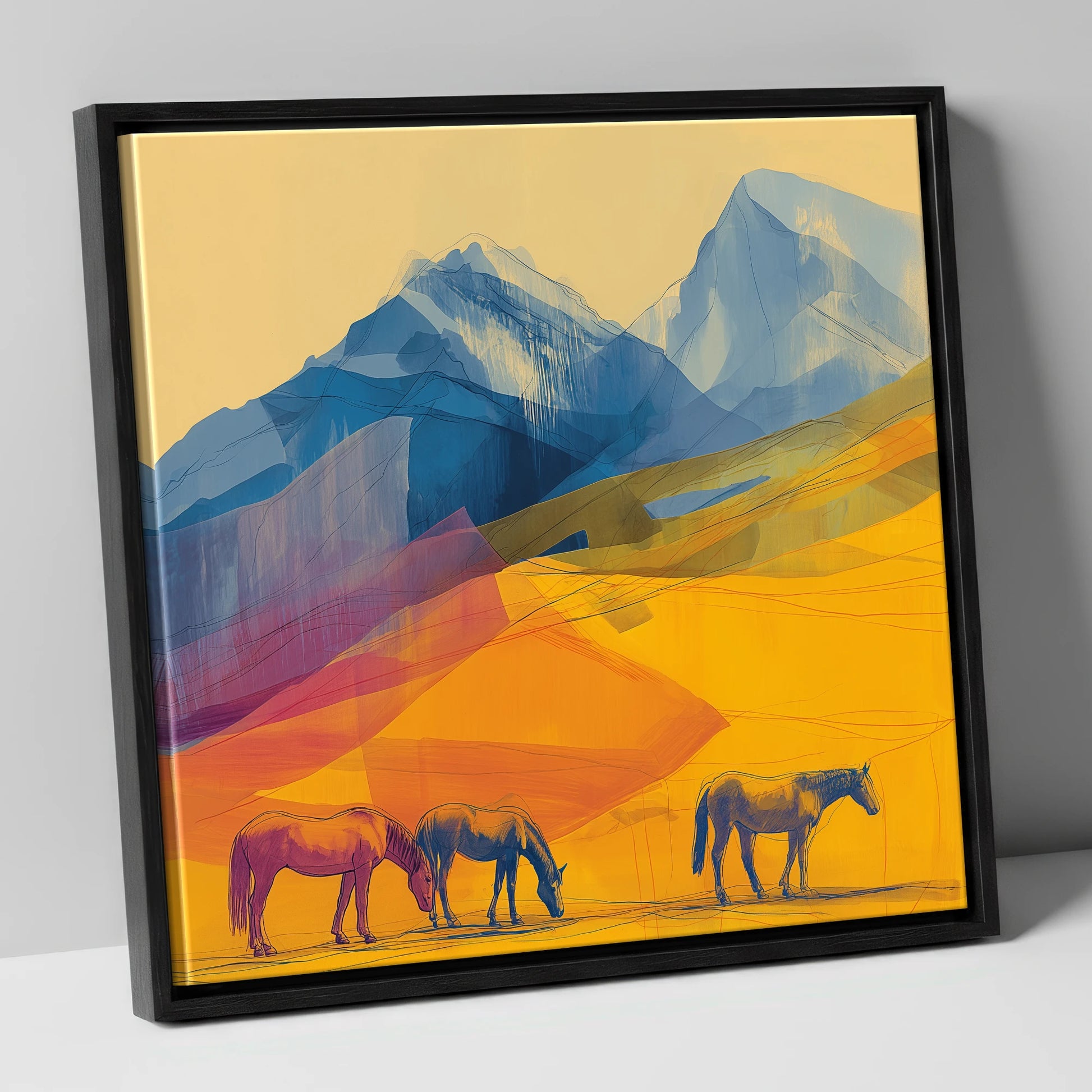 Golden Mountain Pasture horse landscape canvas wall art in black frame