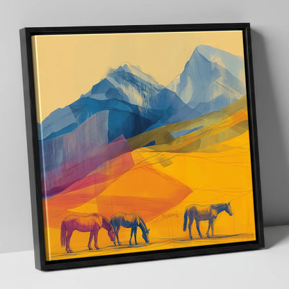 Golden Mountain Pasture horse landscape canvas wall art in black frame