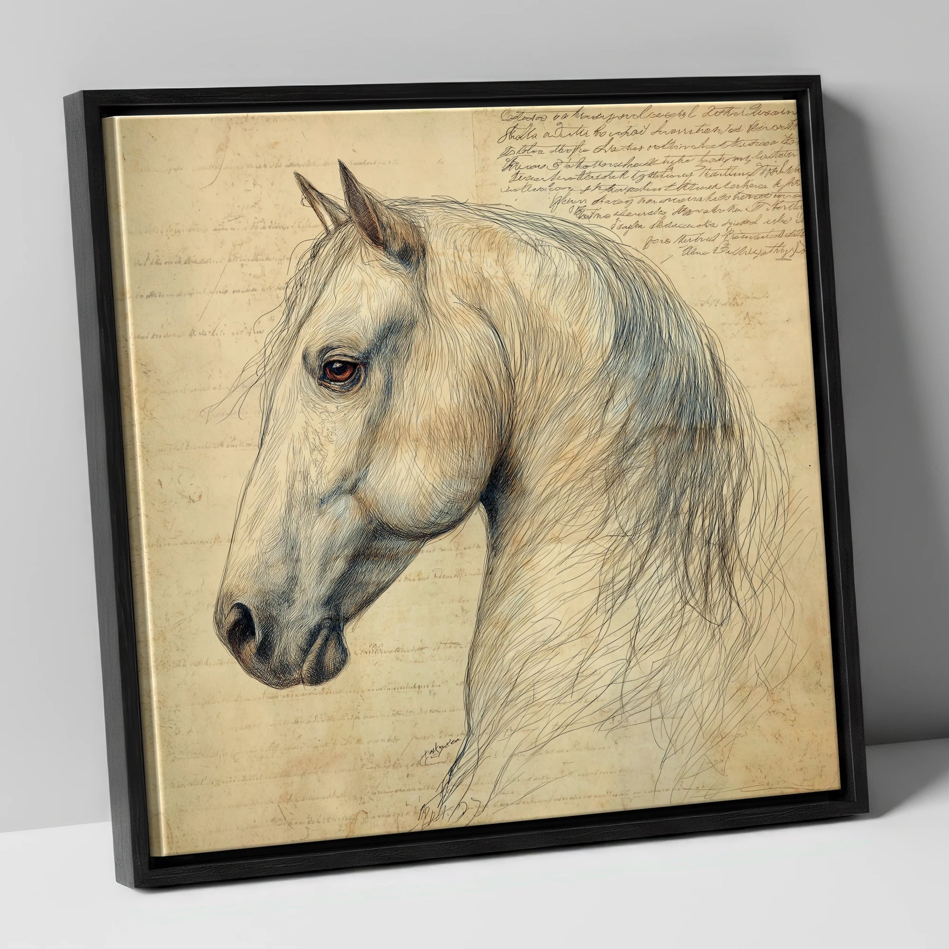 Classical Equine Study horse portrait canvas wall art in black frame