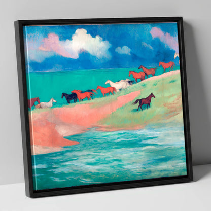 Spirited Coastal Herd wild horses canvas wall art in black frame