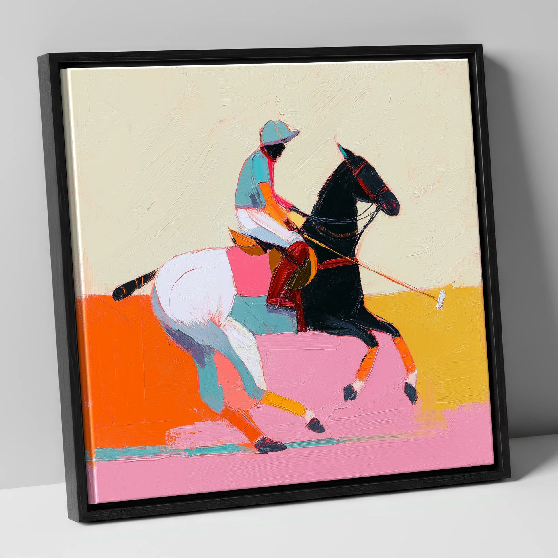 Vivid High Goal polo horse canvas wall art in black frame