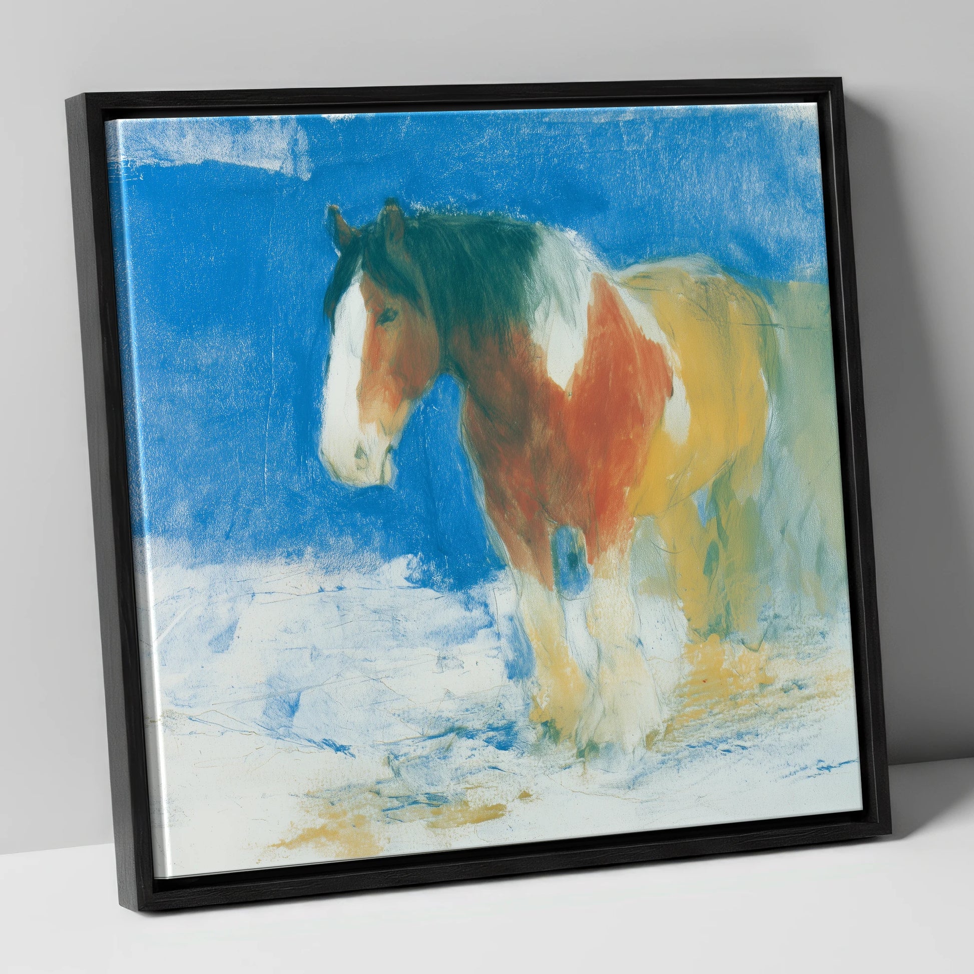 Cerulean Coloured Cob horse breed canvas wall art in black frame