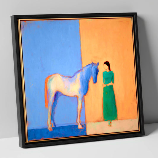 The Silent Dialogue horse & rider canvas wall art in black frame