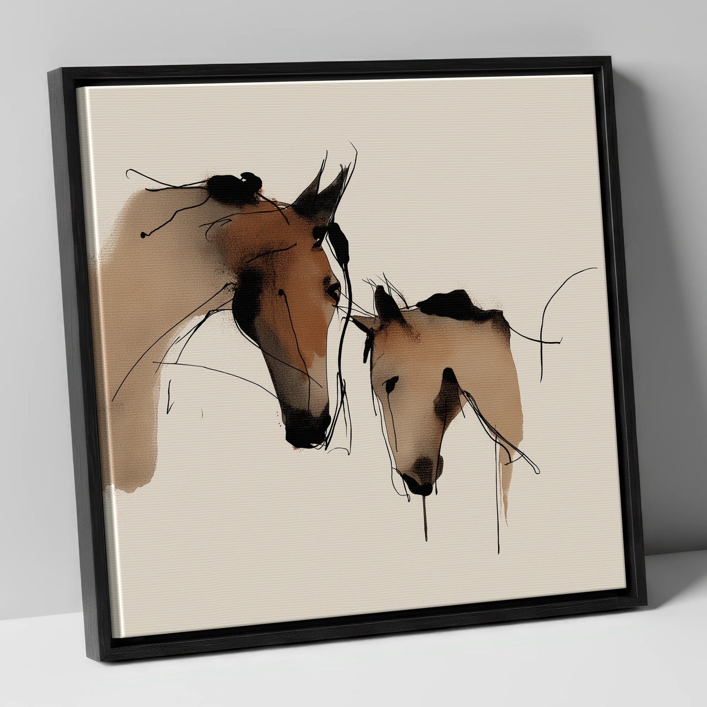 Gentle Kinship mare & foal canvas wall art in black frame