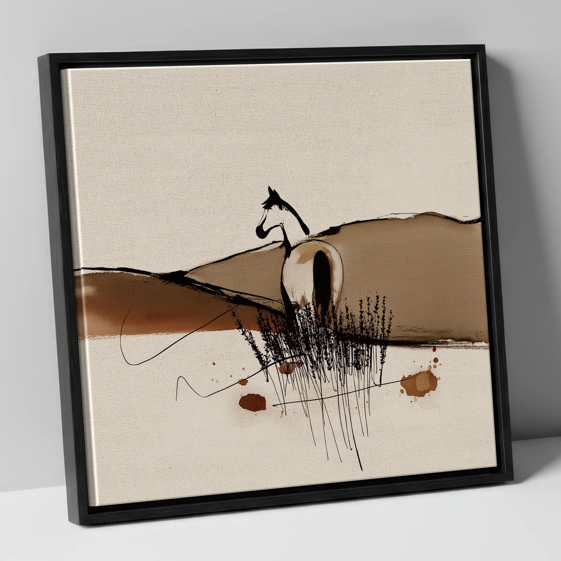 Sepia Ridge Observer horse landscape canvas wall art in black frame