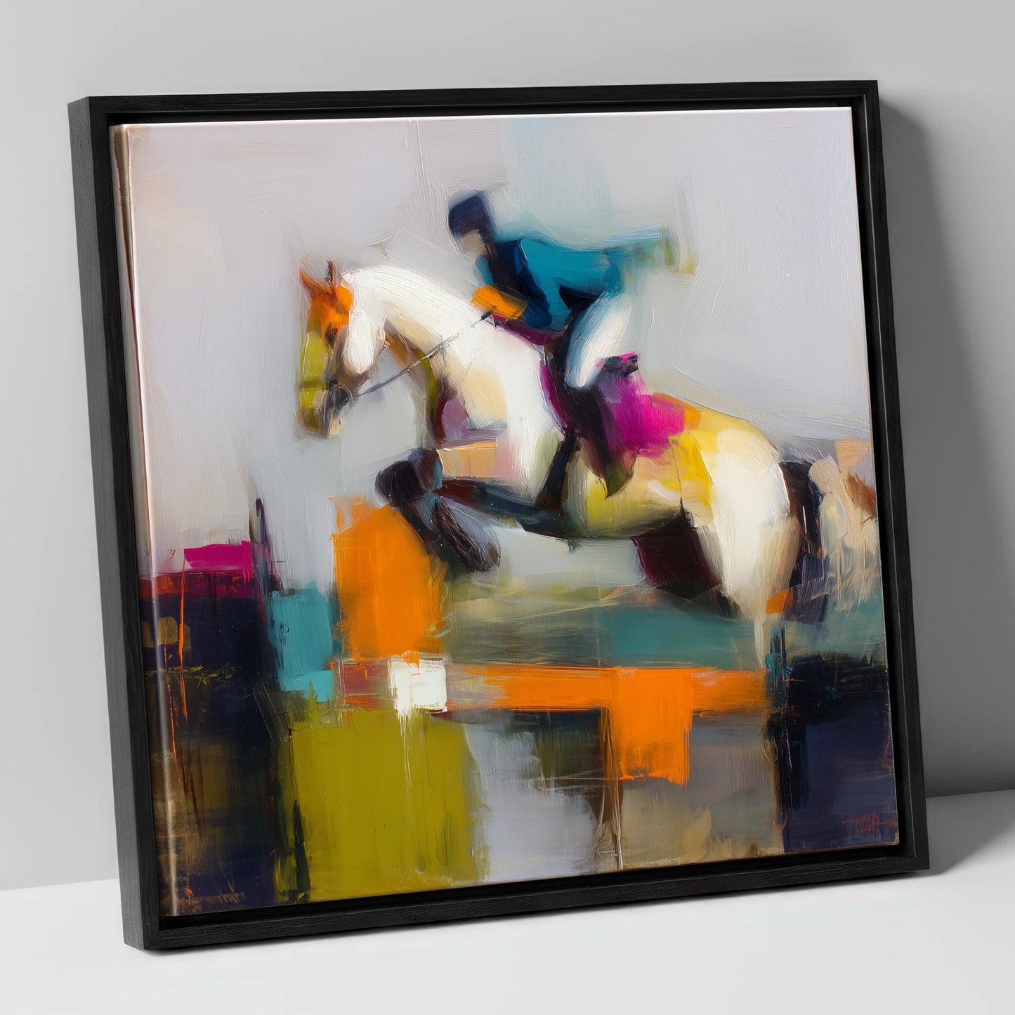 Vibrant Ascent show jumping horse canvas wall art in black frame