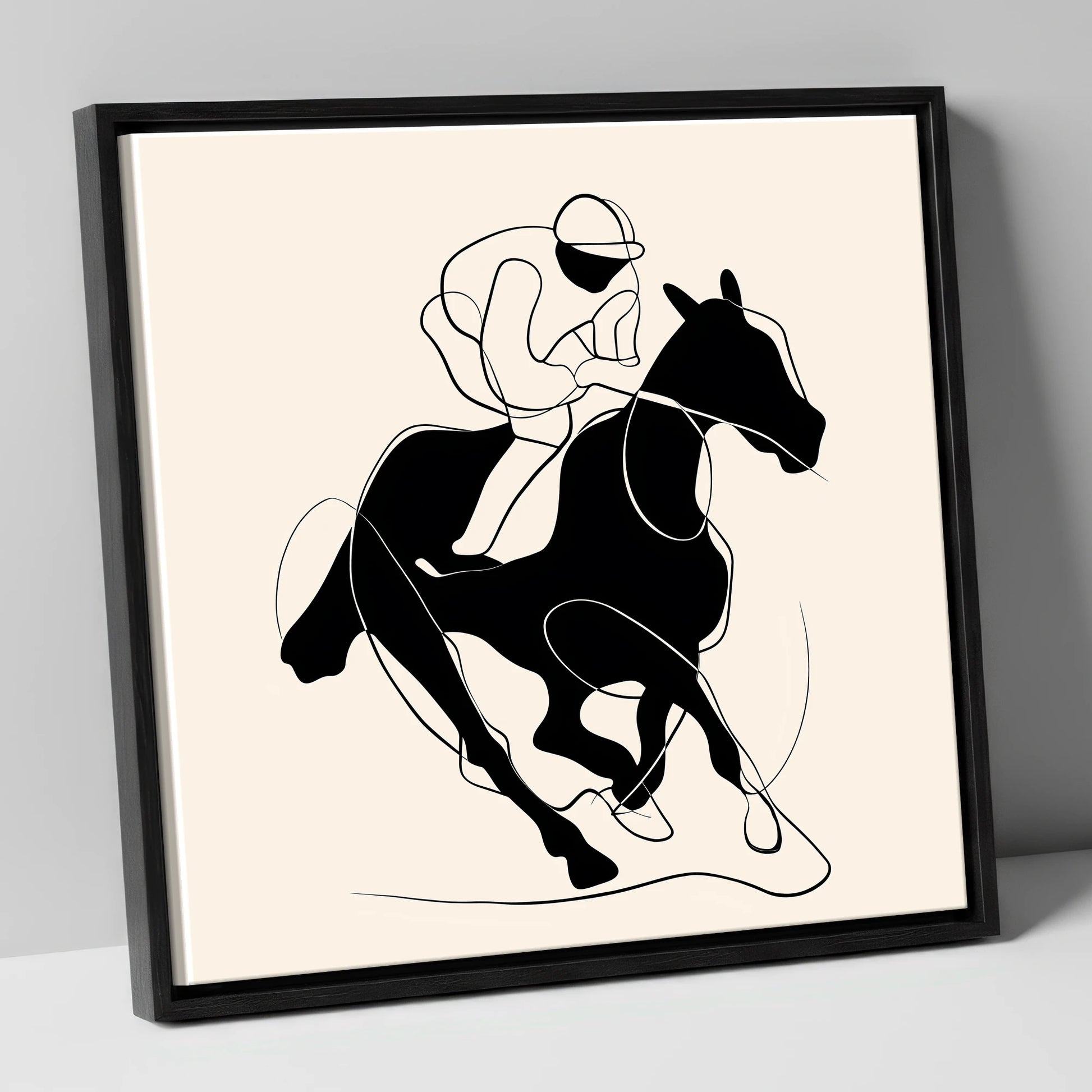 Monochrome Gallop racing horse canvas wall art in black frame