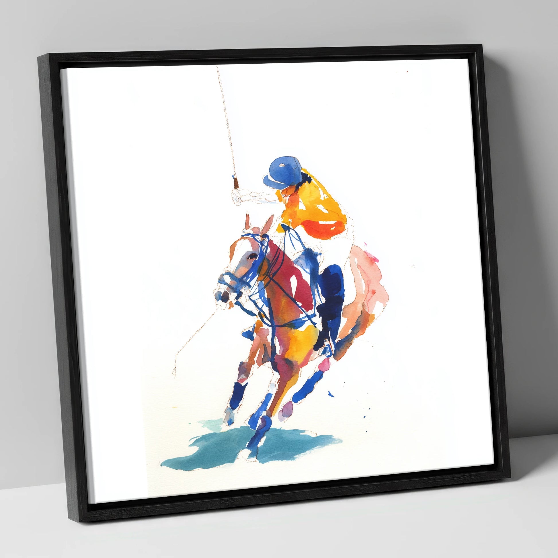 Dynamic Chukka polo horse canvas wall art in black frame