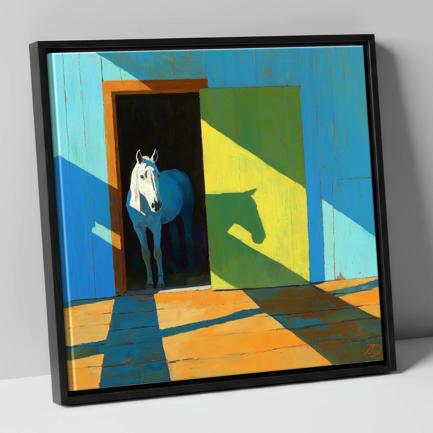 Sunlight and Silhouette horse stable canvas wall art in black frame