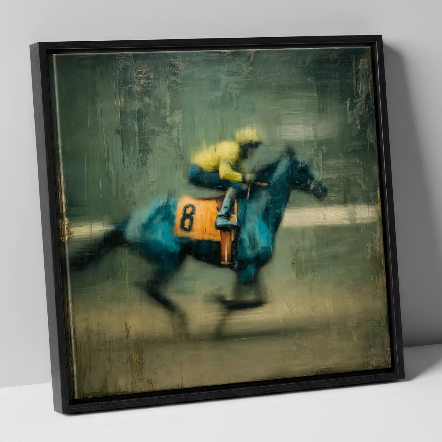 Number Eight at Speed racing horse canvas wall art in black frame